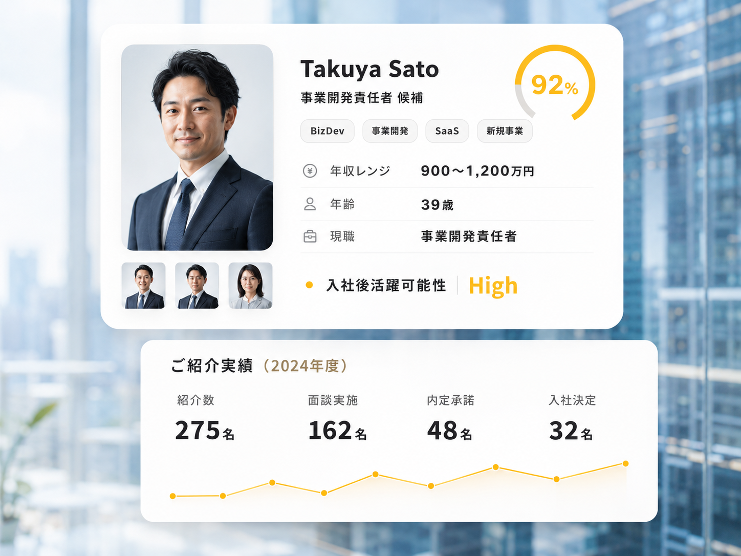 候補者プロフィールと紹介実績を示す企業向けヒーロービジュアル